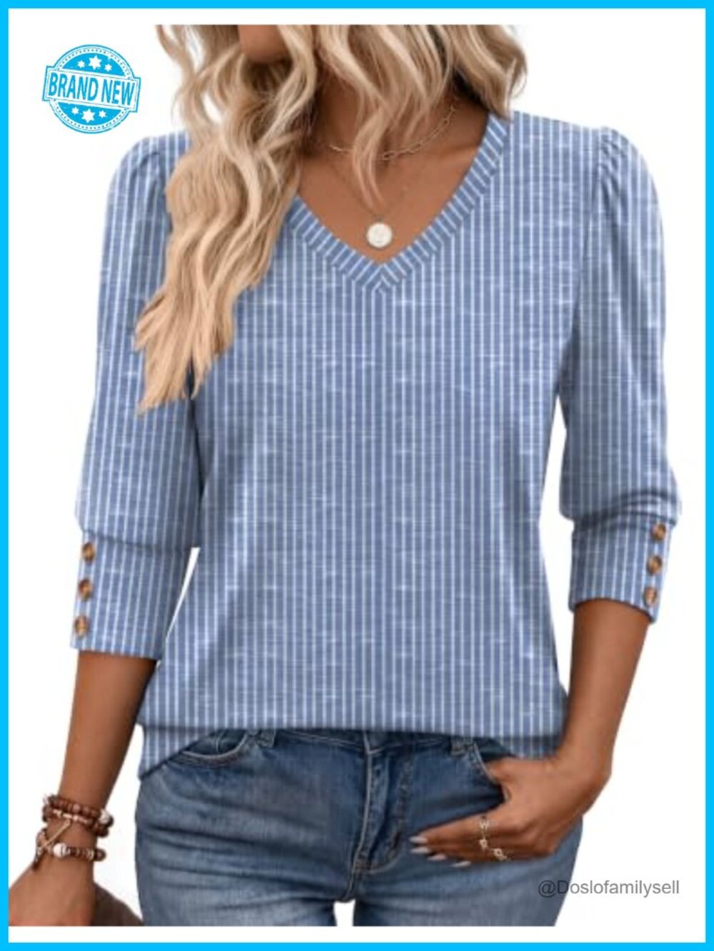 Womens 3/4 Sleeve V Neck Blouse with Puff Sleeves & Buttons